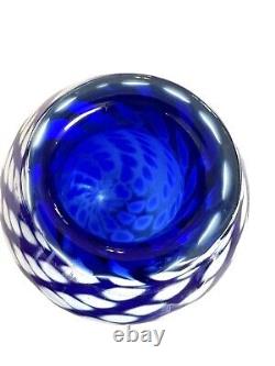 Art Glass Blue Vase Bowl HEAVY 5.5lb Hand Blown Polished Base White Dot Swirl