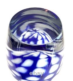 Art Glass Blue Vase Bowl HEAVY 5.5lb Hand Blown Polished Base White Dot Swirl