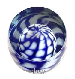 Art Glass Blue Vase Bowl HEAVY 5.5lb Hand Blown Polished Base White Dot Swirl