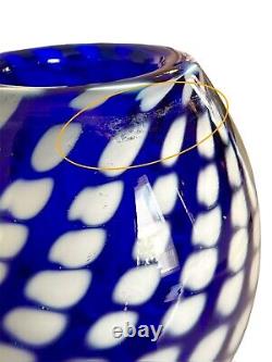 Art Glass Blue Vase Bowl HEAVY 5.5lb Hand Blown Polished Base White Dot Swirl