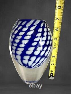 Art Glass Blue Vase Bowl HEAVY 5.5lb Hand Blown Polished Base White Dot Swirl