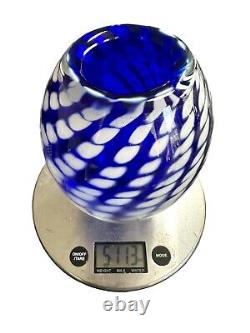 Art Glass Blue Vase Bowl HEAVY 5.5lb Hand Blown Polished Base White Dot Swirl