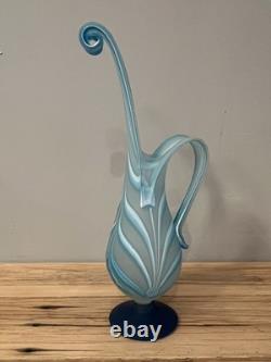 Art Glass Essie Zareh Baijan Teal Turquoise Blue Swirl Pitcher Vase/Ewer