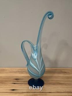 Art Glass Essie Zareh Baijan Teal Turquoise Blue Swirl Pitcher Vase/Ewer