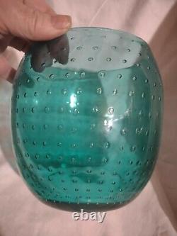 Art Glass Handmade Bullicante Control Bubble Vase Bowl Aqua Blue Turquoise Teal