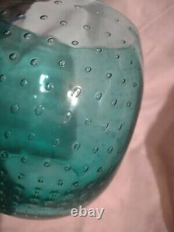 Art Glass Handmade Bullicante Control Bubble Vase Bowl Aqua Blue Turquoise Teal