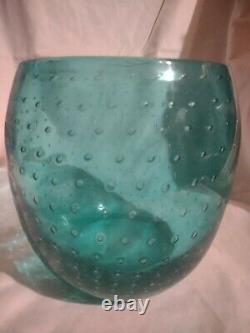 Art Glass Handmade Bullicante Control Bubble Vase Bowl Aqua Blue Turquoise Teal