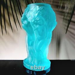 Art Glass Uranium Nude Vase Satin Blue Aquamarine Bohemia Glass H. Hoffmann