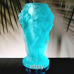 Art Glass Uranium Nude Vase Satin Blue Aquamarine Bohemia Glass H. Hoffmann