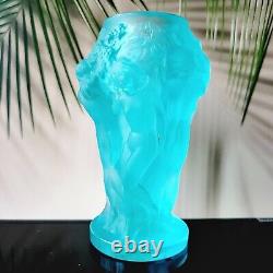 Art Glass Uranium Nude Vase Satin Blue Aquamarine Bohemia Glass H. Hoffmann