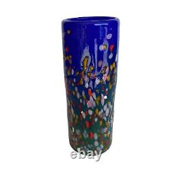 Art Glass Vase 8 Hand Blown Cobalt Blue Speckle Signed Dated'97 VTG MAD Studio