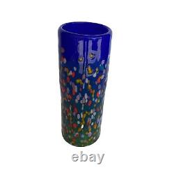 Art Glass Vase 8 Hand Blown Cobalt Blue Speckle Signed Dated'97 VTG MAD Studio