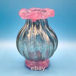 Art Glass Vase Artist Signed Ruffled Edge Blue Pink Hand Blown 4.75H
