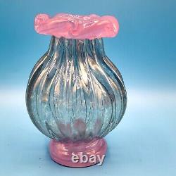 Art Glass Vase Artist Signed Ruffled Edge Blue Pink Hand Blown 4.75H