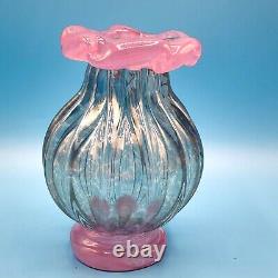 Art Glass Vase Artist Signed Ruffled Edge Blue Pink Hand Blown 4.75H