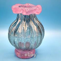 Art Glass Vase Artist Signed Ruffled Edge Blue Pink Hand Blown 4.75H