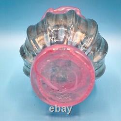 Art Glass Vase Artist Signed Ruffled Edge Blue Pink Hand Blown 4.75H