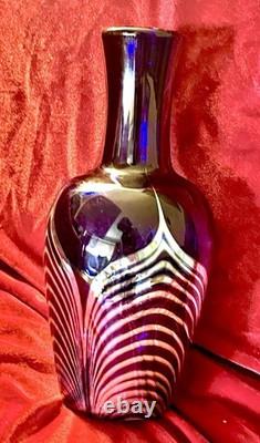 Art Glass Vase Blue Silver Pulled Signed Swirl Exquisite Unique Rare