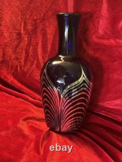 Art Glass Vase Blue Silver Pulled Signed Swirl Exquisite Unique Rare