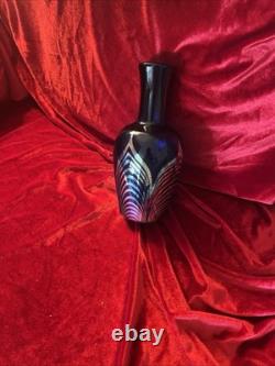 Art Glass Vase Blue Silver Pulled Signed Swirl Exquisite Unique Rare