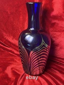 Art Glass Vase Blue Silver Pulled Signed Swirl Exquisite Unique Rare