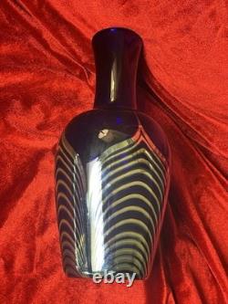 Art Glass Vase Blue Silver Pulled Signed Swirl Exquisite Unique Rare