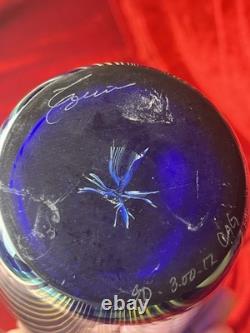 Art Glass Vase Blue Silver Pulled Signed Swirl Exquisite Unique Rare