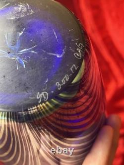 Art Glass Vase Blue Silver Pulled Signed Swirl Exquisite Unique Rare