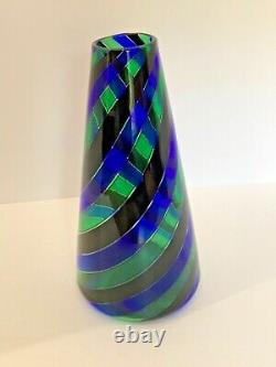 Art Glass Vase, Green Swirls, Ribbon, Green and Blue Stripes