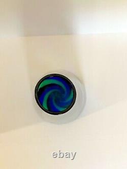 Art Glass Vase, Green Swirls, Ribbon, Green and Blue Stripes