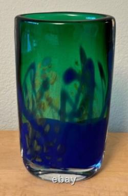 Art Glass Vase Signed Handblown 8 Inch Green and Cobalt Blue Swirl Design