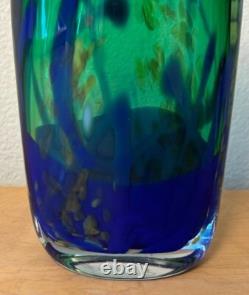 Art Glass Vase Signed Handblown 8 Inch Green and Cobalt Blue Swirl Design