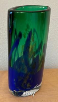 Art Glass Vase Signed Handblown 8 Inch Green and Cobalt Blue Swirl Design