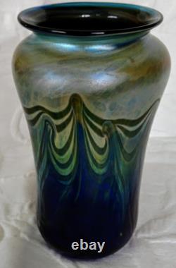 Art Glass Vase Tabitha 83-V Cobalt Blue withGreen Pulled Feather Design