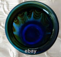 Art Glass Vase Tabitha 83-V Cobalt Blue withGreen Pulled Feather Design
