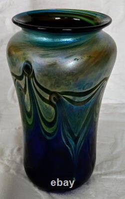 Art Glass Vase Talitha Horne 83 Cobalt Blue withGreen Pulled Feather Design