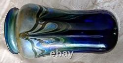 Art Glass Vase Talitha Horne 83 Cobalt Blue withGreen Pulled Feather Design