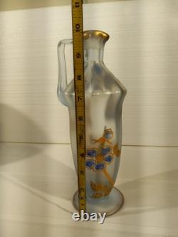 Art Nouveau 1890-1910 blue frosted glass hand-painted gold blue flowers ANTIQUE
