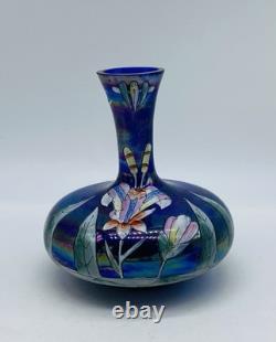 Art Nouveau Bohemian FRITZ HECKERT Iridescent Blue Floral Enameled Glass Vase