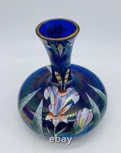 Art Nouveau Bohemian FRITZ HECKERT Iridescent Blue Floral Enameled Glass Vase