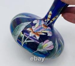 Art Nouveau Bohemian FRITZ HECKERT Iridescent Blue Floral Enameled Glass Vase
