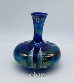 Art Nouveau Bohemian FRITZ HECKERT Iridescent Blue Floral Enameled Glass Vase