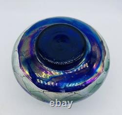 Art Nouveau Bohemian FRITZ HECKERT Iridescent Blue Floral Enameled Glass Vase