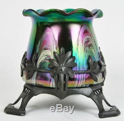 Art Nouveau Metal Mounted Vase Secessionist Antique Blue Green Glass Iridescent