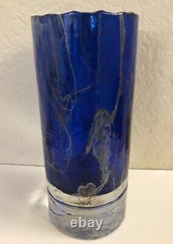 Art glass Handblown Heavy Cobalt blue glass vase cylinder golden silver 8 H