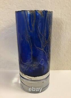 Art glass Handblown Heavy Cobalt blue glass vase cylinder golden silver 8 H