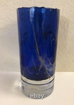 Art glass Handblown Heavy Cobalt blue glass vase cylinder golden silver 8 H