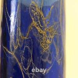 Art glass Handblown Heavy Cobalt blue glass vase cylinder golden silver 8 H