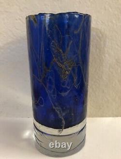 Art glass Handblown Heavy Cobalt blue glass vase cylinder golden silver 8 H