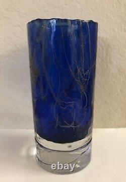 Art glass Handblown Heavy Cobalt blue glass vase cylinder golden silver 8 H